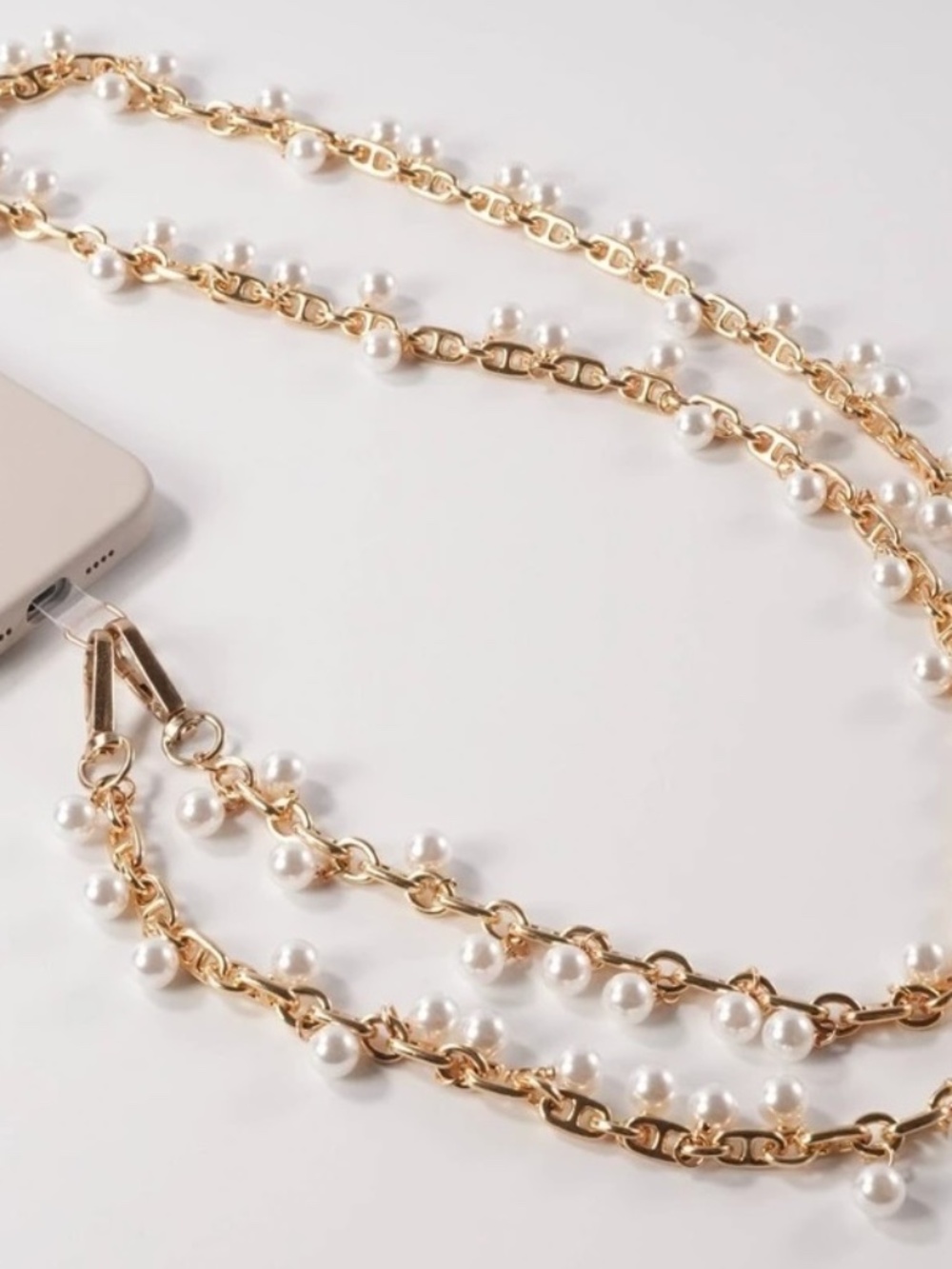Hello Lux Phone Crossbody Strap Gold Tone Metal Chain with White Faux Pearls